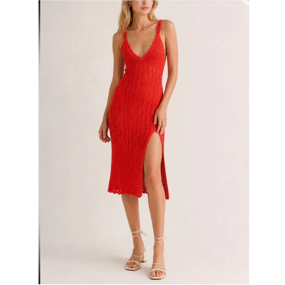 Wilfred Aritzia Evie Midi Dress Maraschino Red Crochet Knit Side Slit Size M